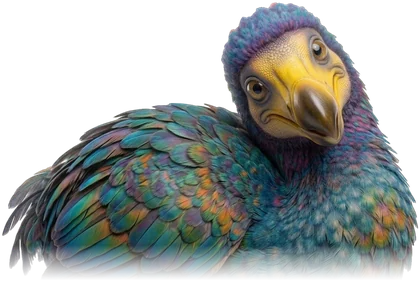 Le dodo, mascotte du site, la tête penchée, curieux