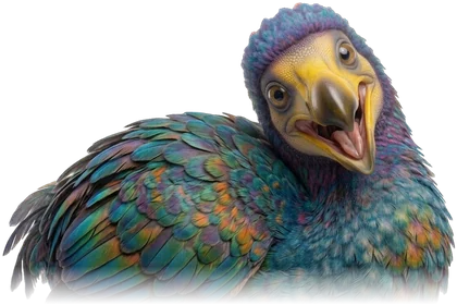 Le dodo, mascotte du site, la tête penchée et le bec ouvert