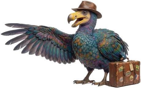 Le dodo, mascotte du site, avec son chapeau et sa valise
