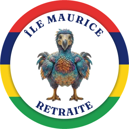 Emblème du site : un dodo entouré des couleurs de Maurice, « Île Maurice Retraite »
